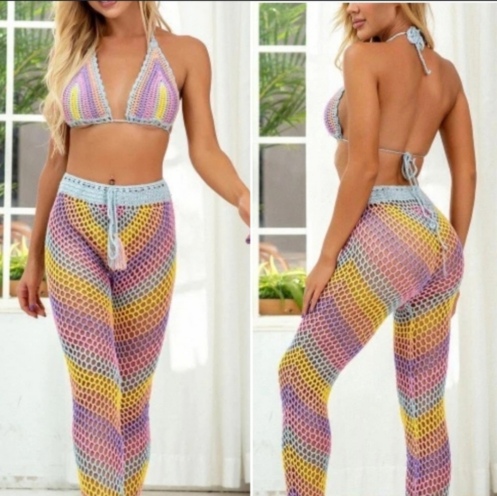 NWT Y2k 70's Retro Festival Crochet 2 Piece Coverup Pant Bikini Set Size Medium